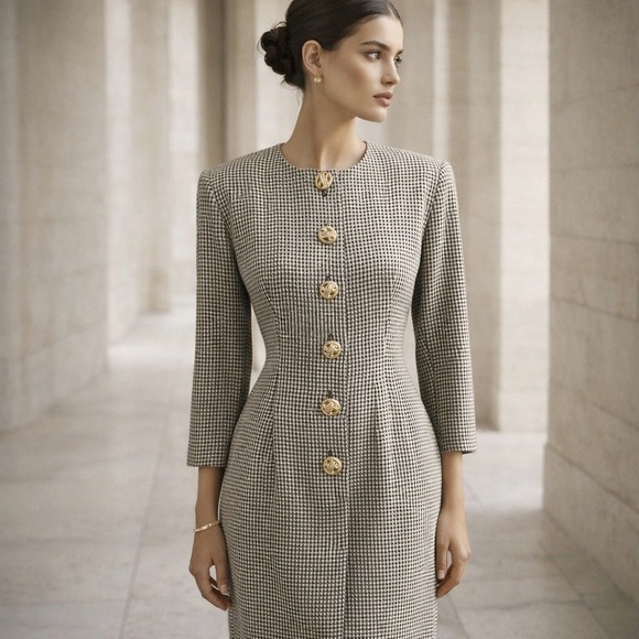 SANTA FE Dresses & Skirts - Vtg 90s SANTA FE Houndstooth Coat Dress 2 Midi Longline Blazer Gold Crest Button
